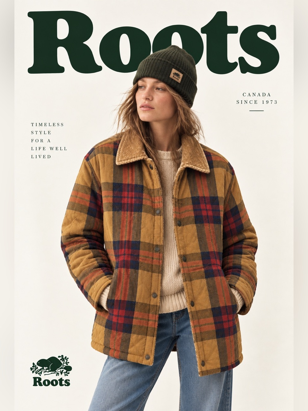 Roots Men's Mustard Plaid Quilted Jacket Corduroy Collar 100% Organic Cotton